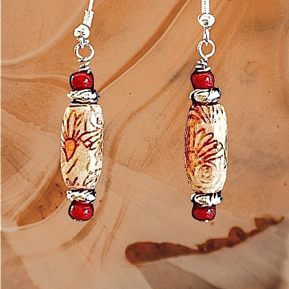 UNIQUE HANDMADE PAINTED WOOD AND SILVER EARRINGS - Picture 2 of 4